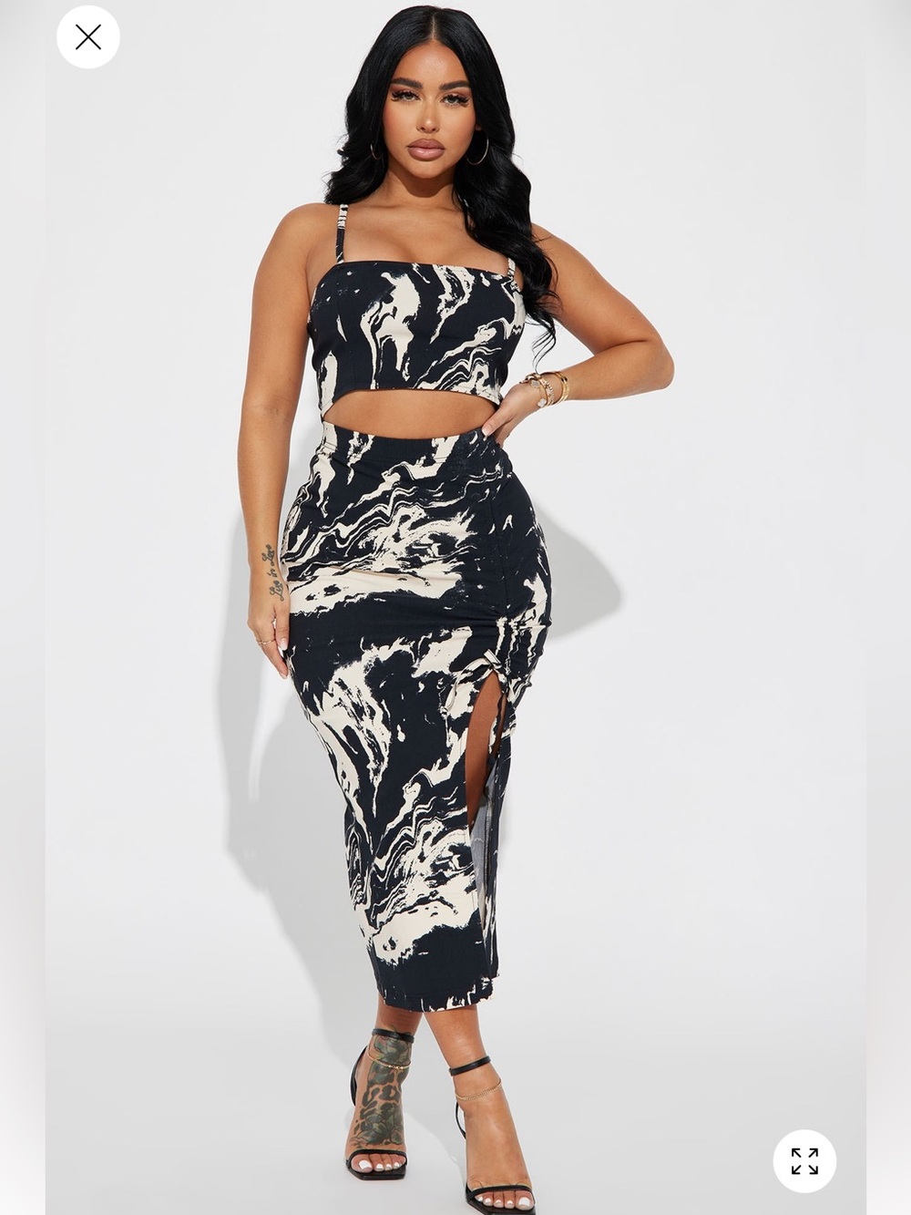 Marble Print Black & Cream Midi Skirt with top